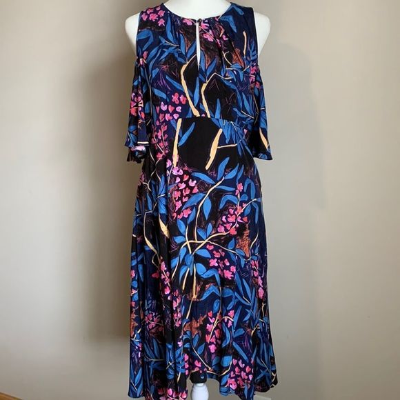 Maeve Anthropologie Dress Blue Black Pink Off Shoulder Size 4 Womens Knee Length - Picture 2 of 7